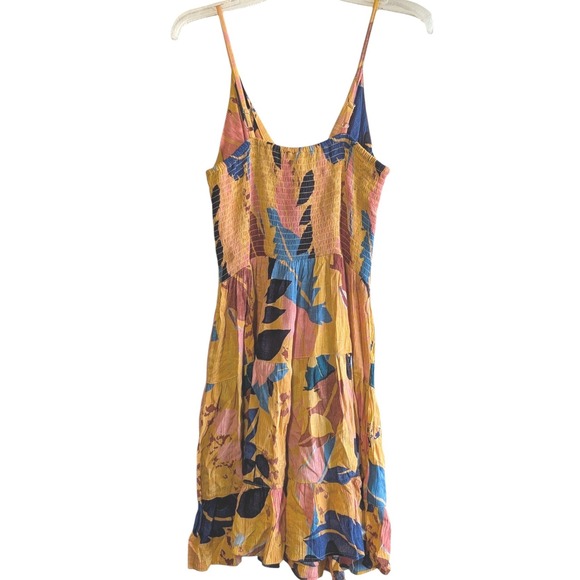 Angie Tropical Floral Twist Front Tiered Mini Dress Yellow Blue Pink Women Large - Picture 3 of 12